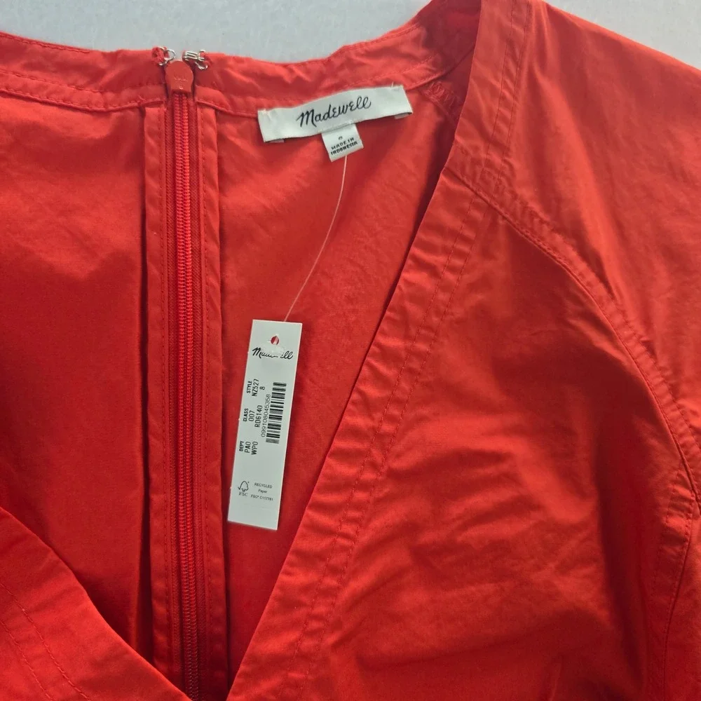 Madewell NWT Women Red V-Neck Puff Sleeve Cotton Poplin Top NZ527 Size 8